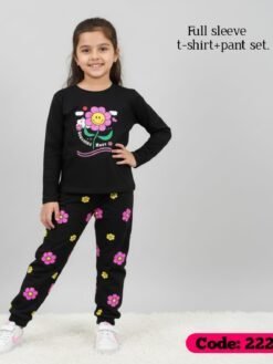 Black "Flower"Long T-Shirt And Pant Set
