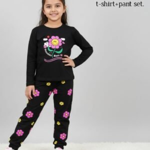 Black "Flower"Long T-Shirt And Pant Set