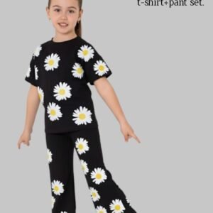 Black"Flower"Long T-Shirt And Pant Set