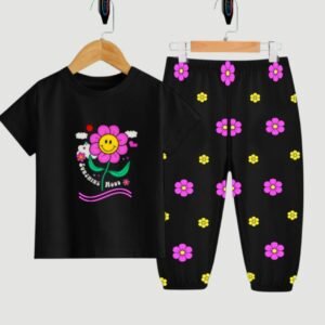 Black"SunFlower"Long T-Shirt And Pant Set