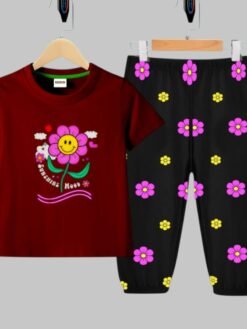 Marron"Flower"Long T-Shirt And Pant Set